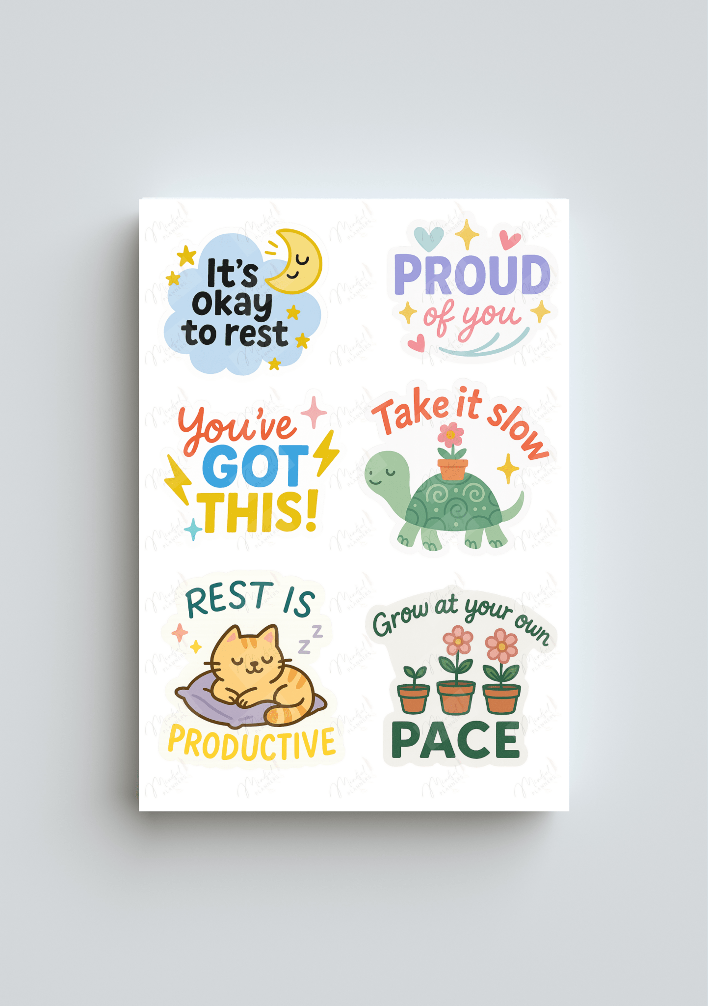 Journaling stickers with uplifting designs for self-care and mental health