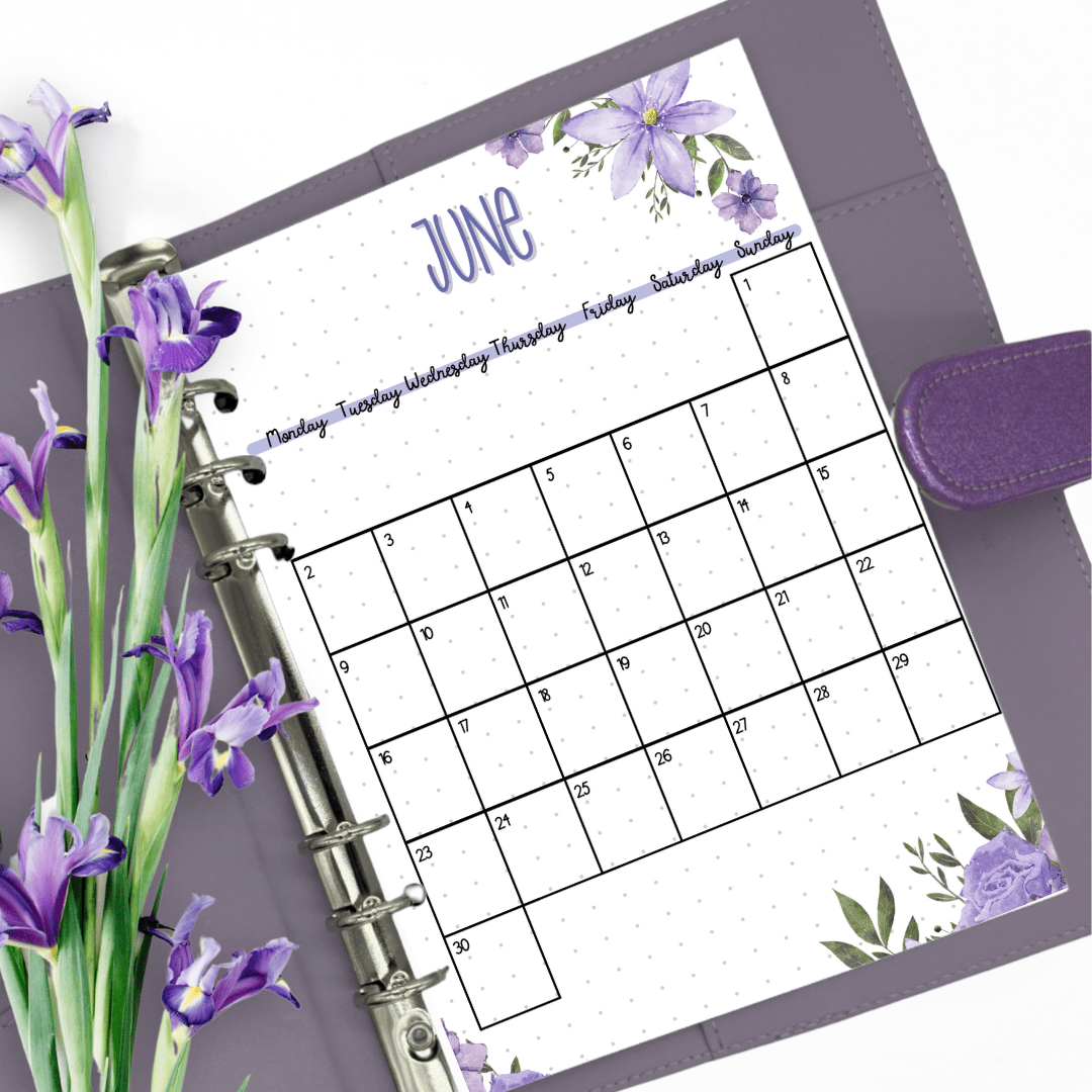June 2025 A5 calendar page with floral theme
