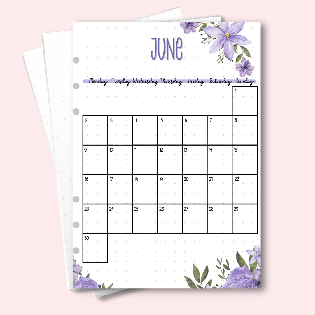 June 2025 calendar insert with purple theme for bullet journal planners