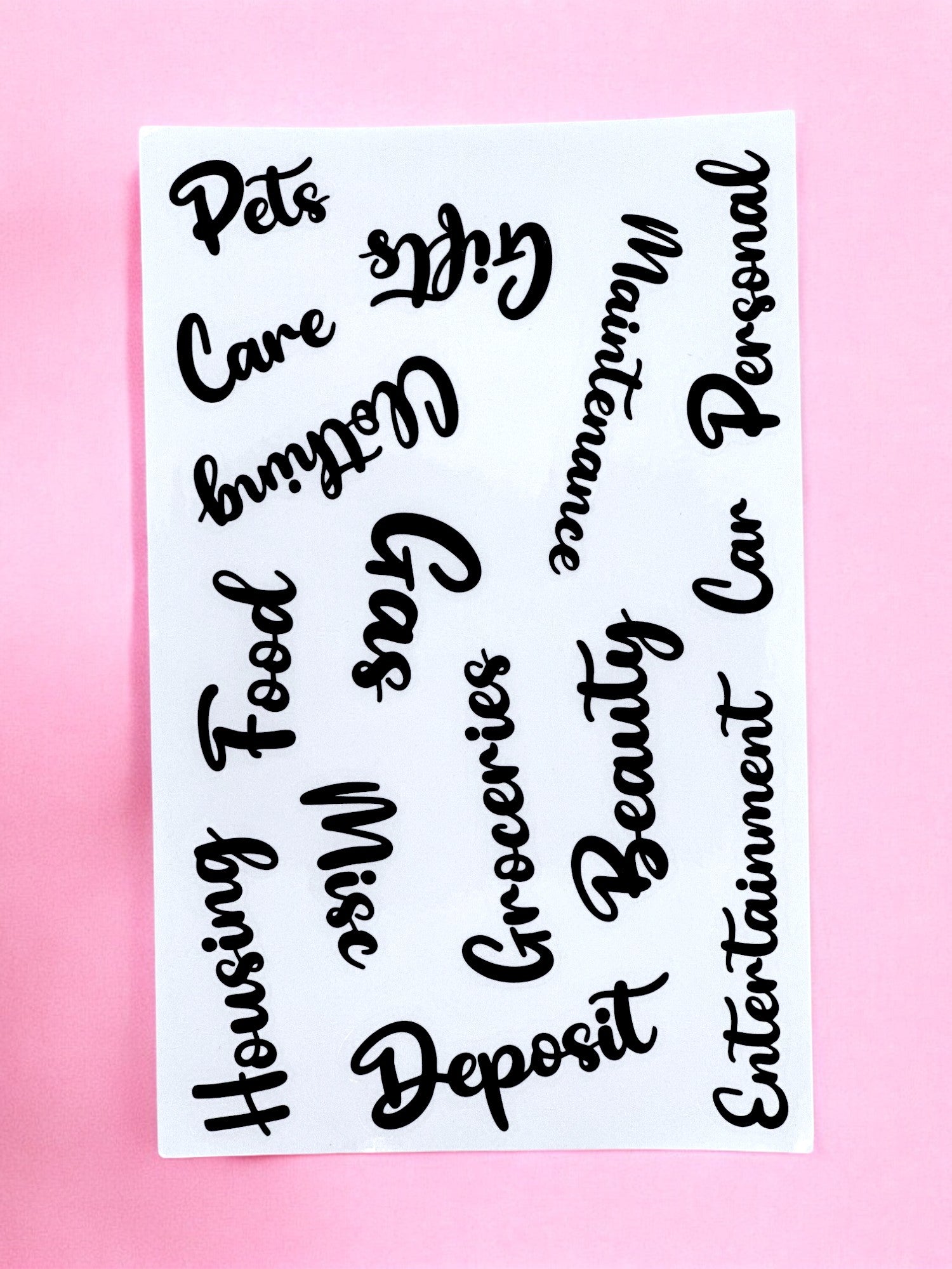 Kiss-cut budgeting stickers for planners and journals, featuring expense and savings categories.​