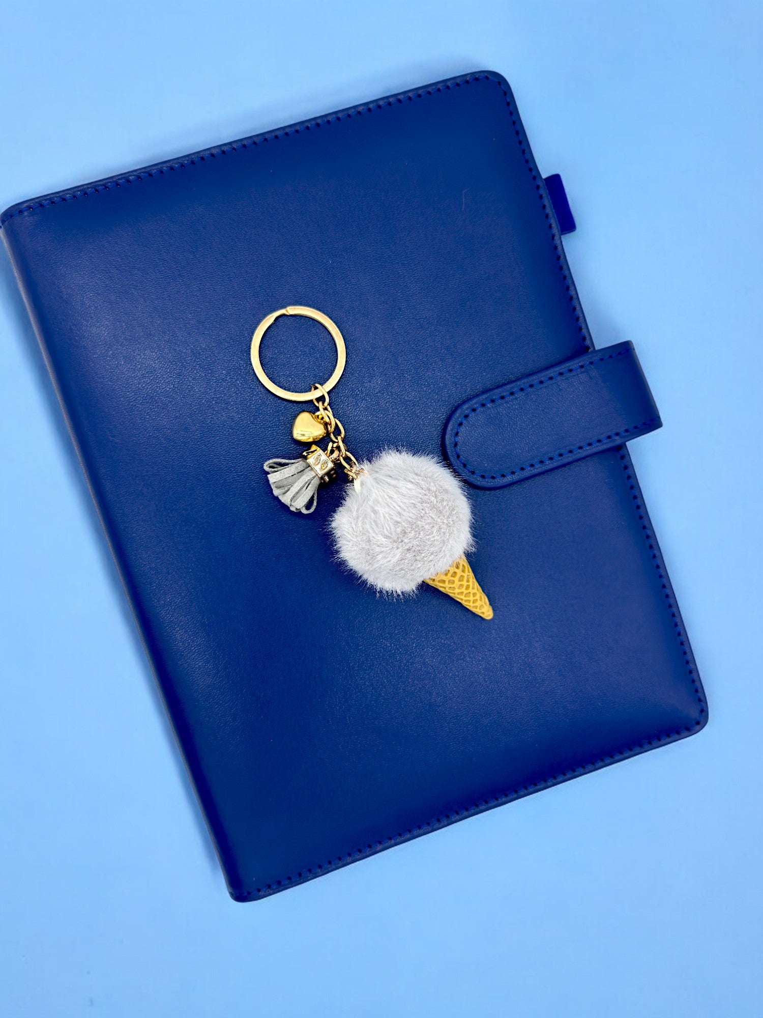 Light Blue Fluffy ice cream cone keychain for your journal and keys