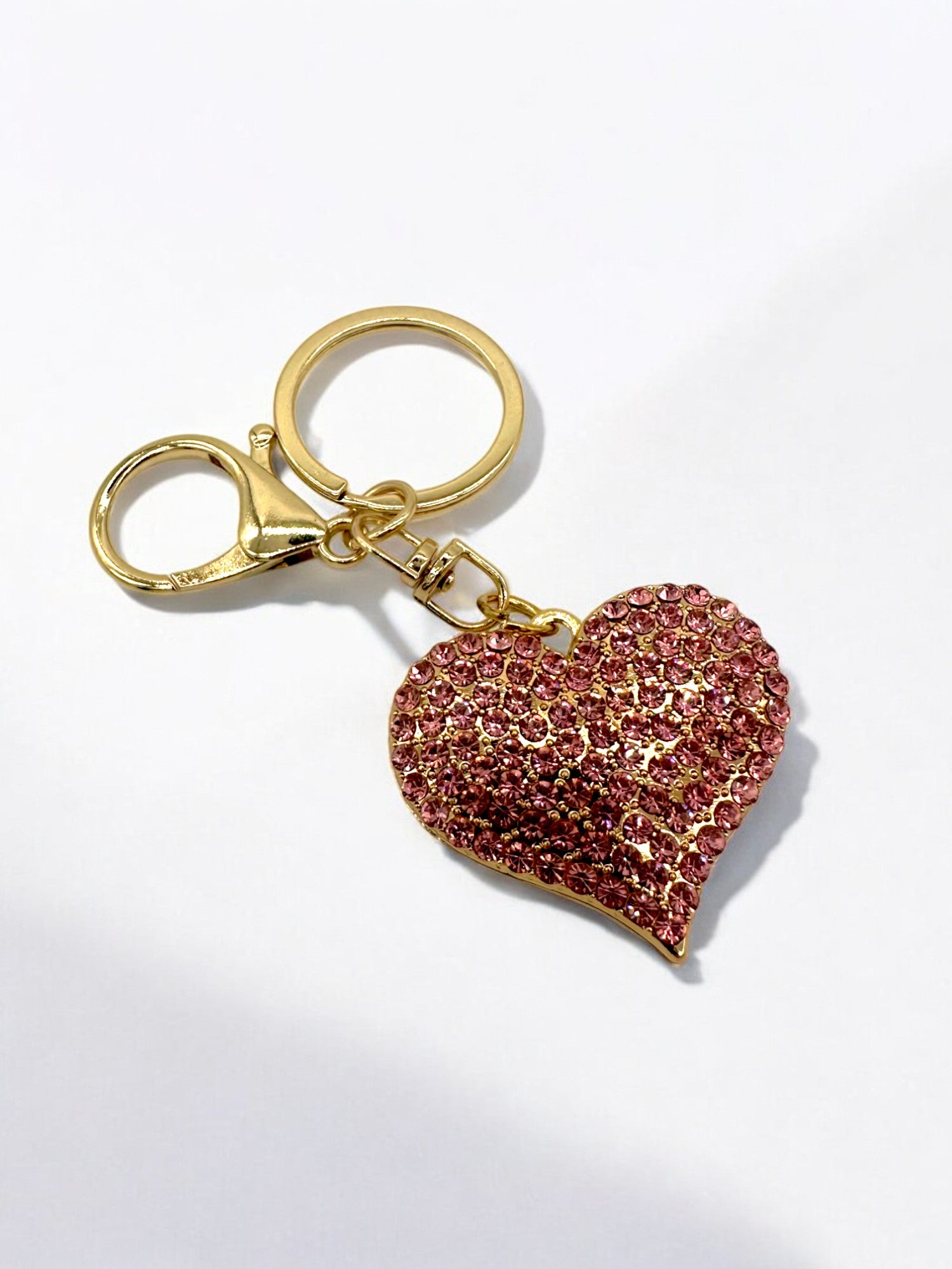 Light pink Sparkly rhinestone heart keychain gold and silver
