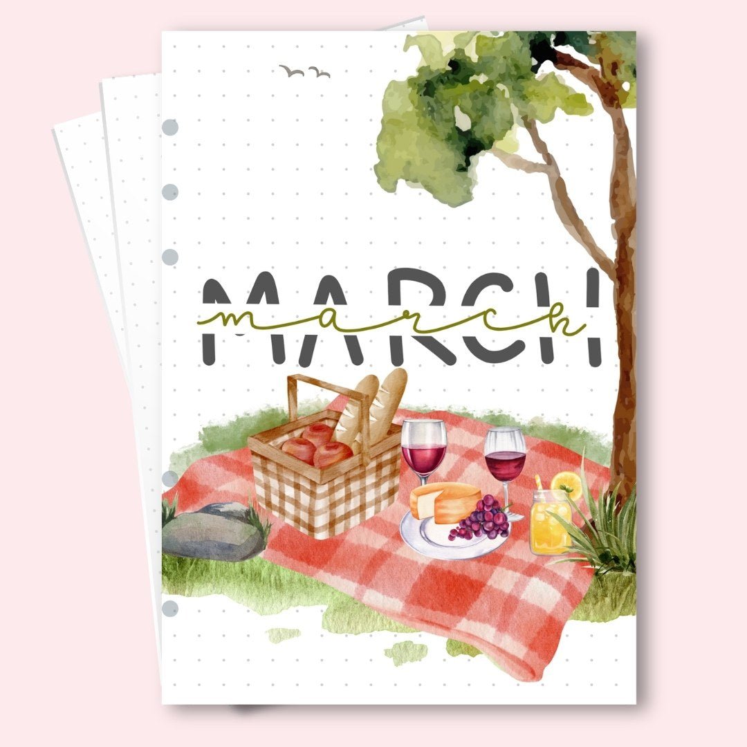 March 2026 bullet journal cover page with picnic illustration