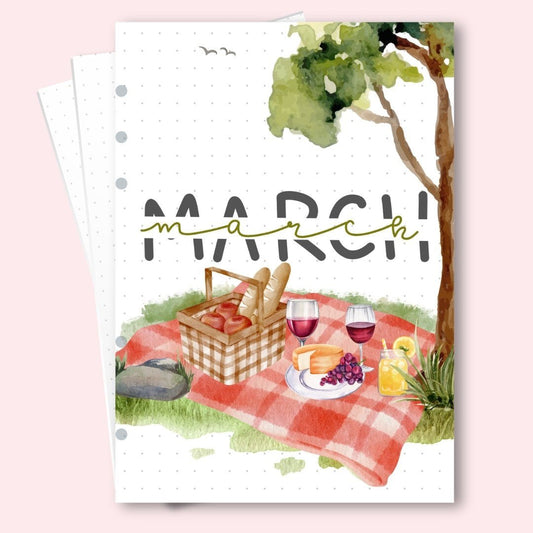 March 2026 bullet journal cover page with picnic illustration