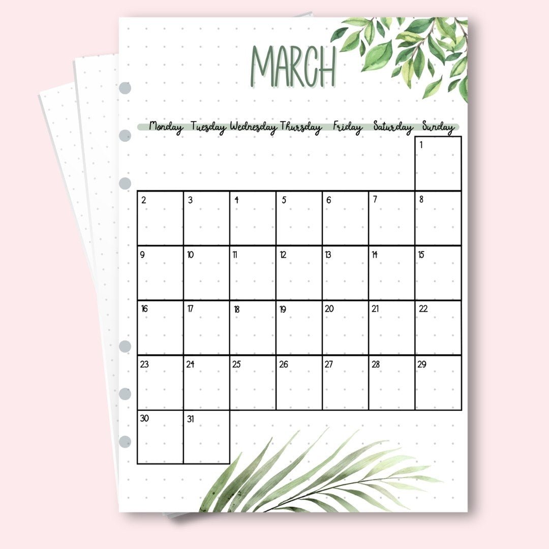 March 2026 monthly calendar page A5 wellness planner insert
