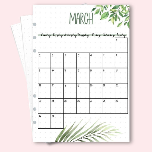 March 2026 monthly calendar page A5 wellness planner insert