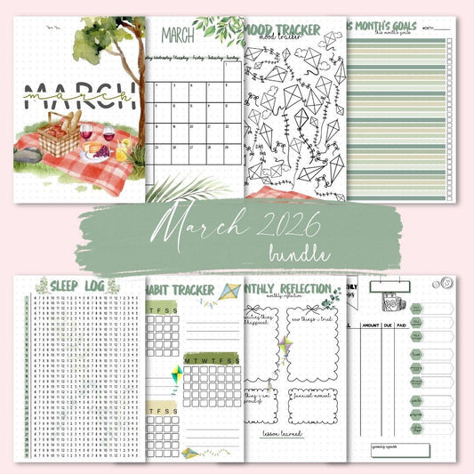 March 2026 monthly planner bundle for A5 wellness journals