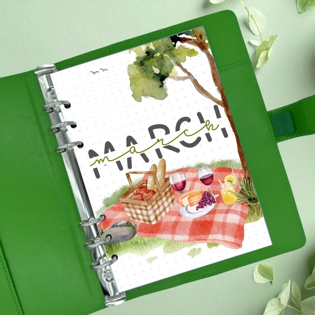 March 2026 monthly planner cover insert for A5 ring binder