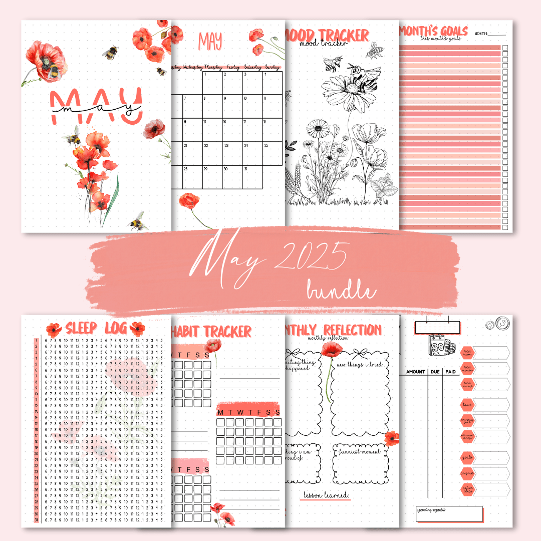 May 2026 poppy theme monthly journaling pages for your bullet journal