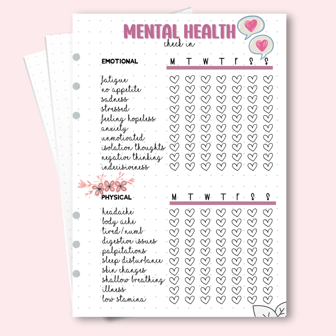 Mental health check-in and daily routine pages from bullet journal kit