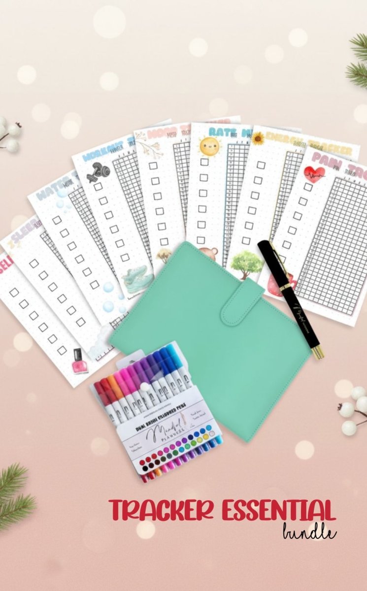 Tracker Pages Essential Bundle with A5 tracker pages, mint binder and pens