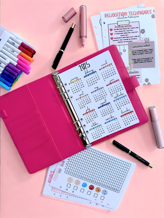 Mindful Journaling Starter Kit flat lay — A5 cover, pages, pastel pens, ADHD beginner kit