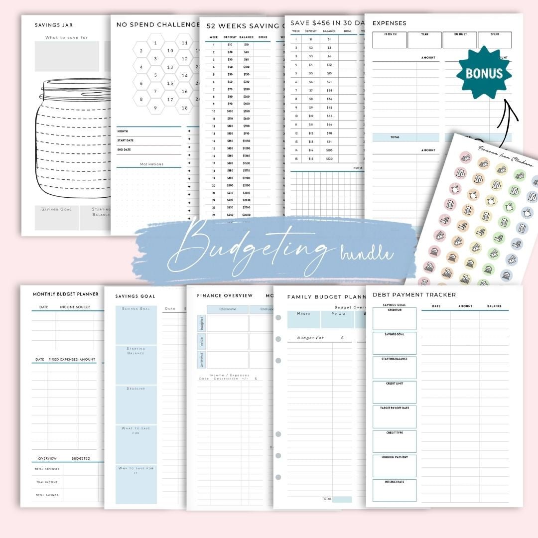 Mindful Planners Finance Bundle — all 10 A5 budget journal pages
  and Finance Icon Sticker Sheet on pink background