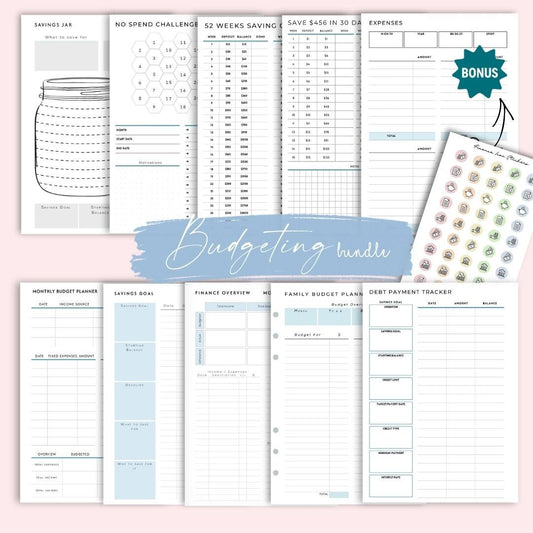 Mindful Planners Finance Bundle — all 10 A5 budget journal pages
  and Finance Icon Sticker Sheet on pink background