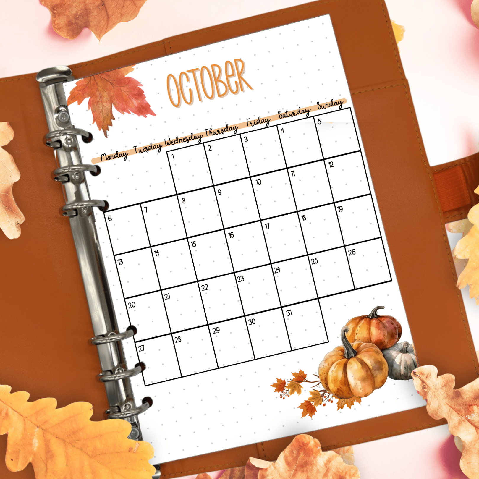 Monthly October 2025 calendar layout for A5 6-ring binder planners