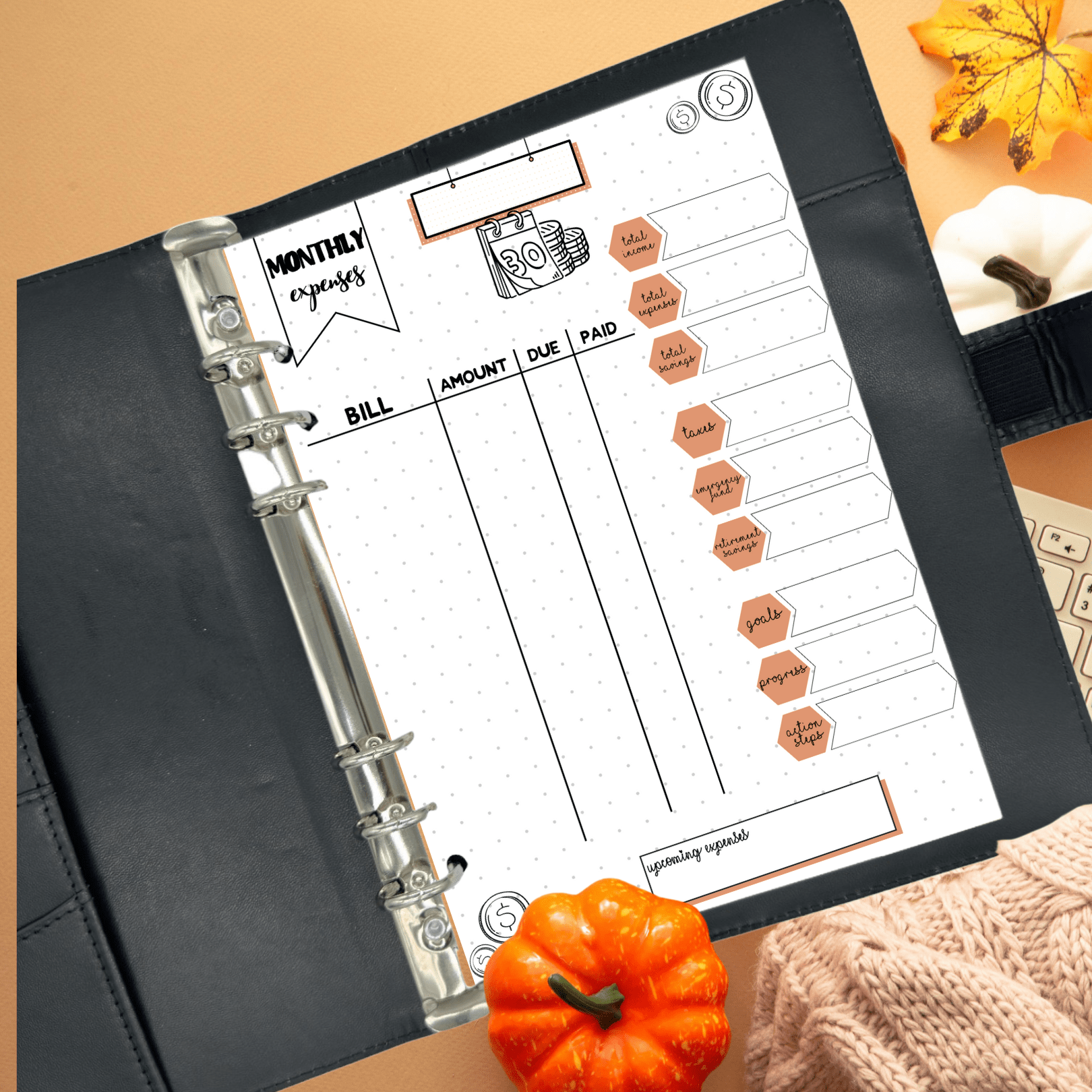 Monthly October budgeting page for A5 6-ring binder journals.