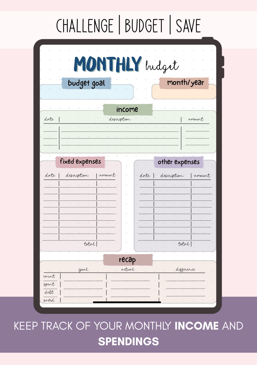 Monthly budget planner page to record income, expenses, and savings