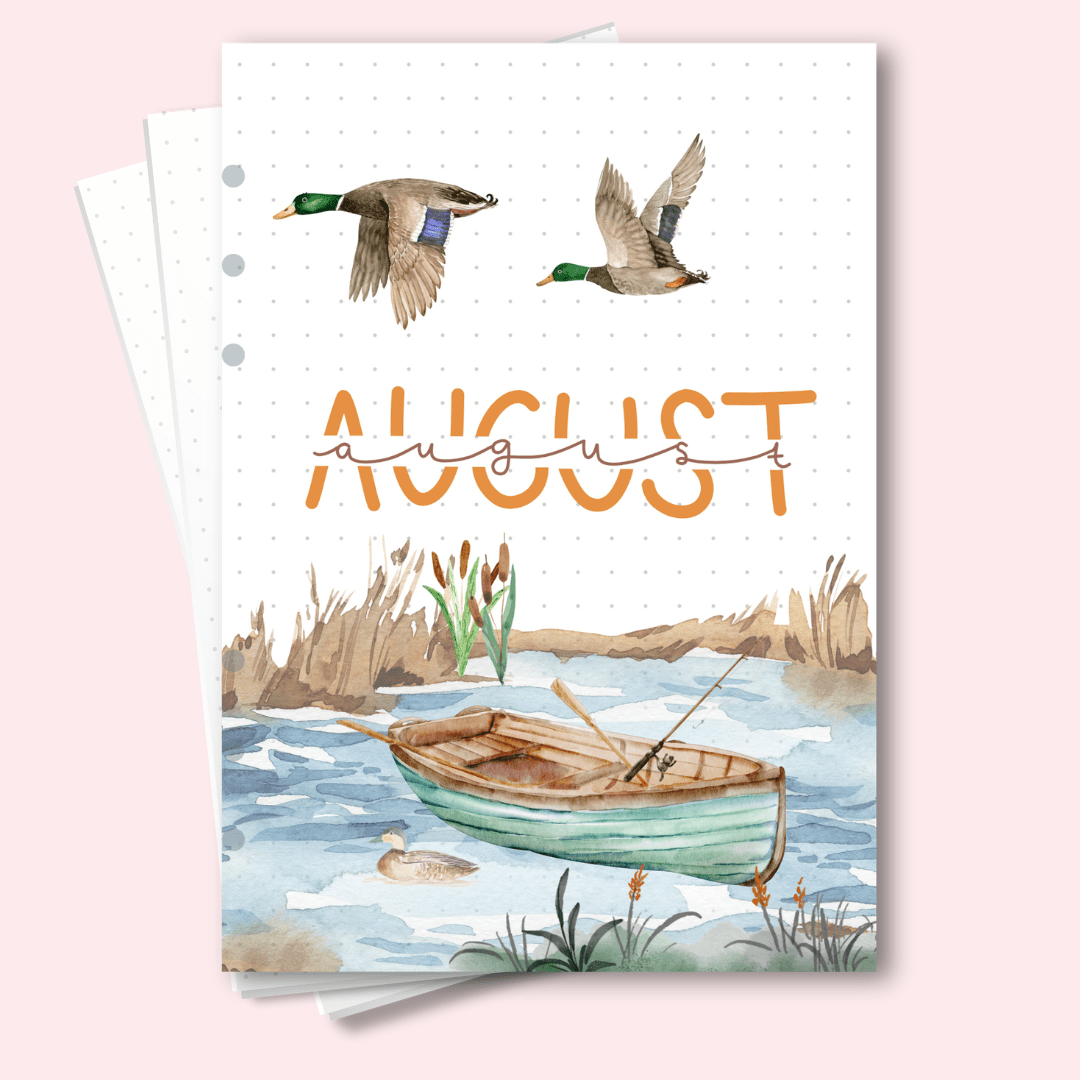 Monthly bullet journal cover for August with peaceful lake theme