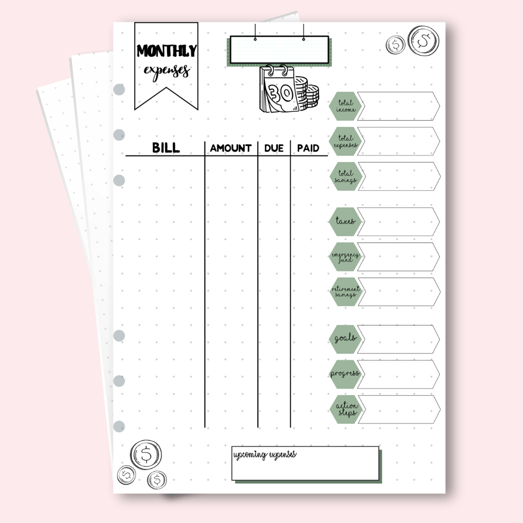 Monthly expenses page for budgeting journal