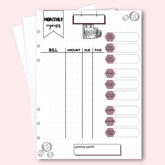 Monthly expenses planner sheet with hexagonal labels on a pink background
