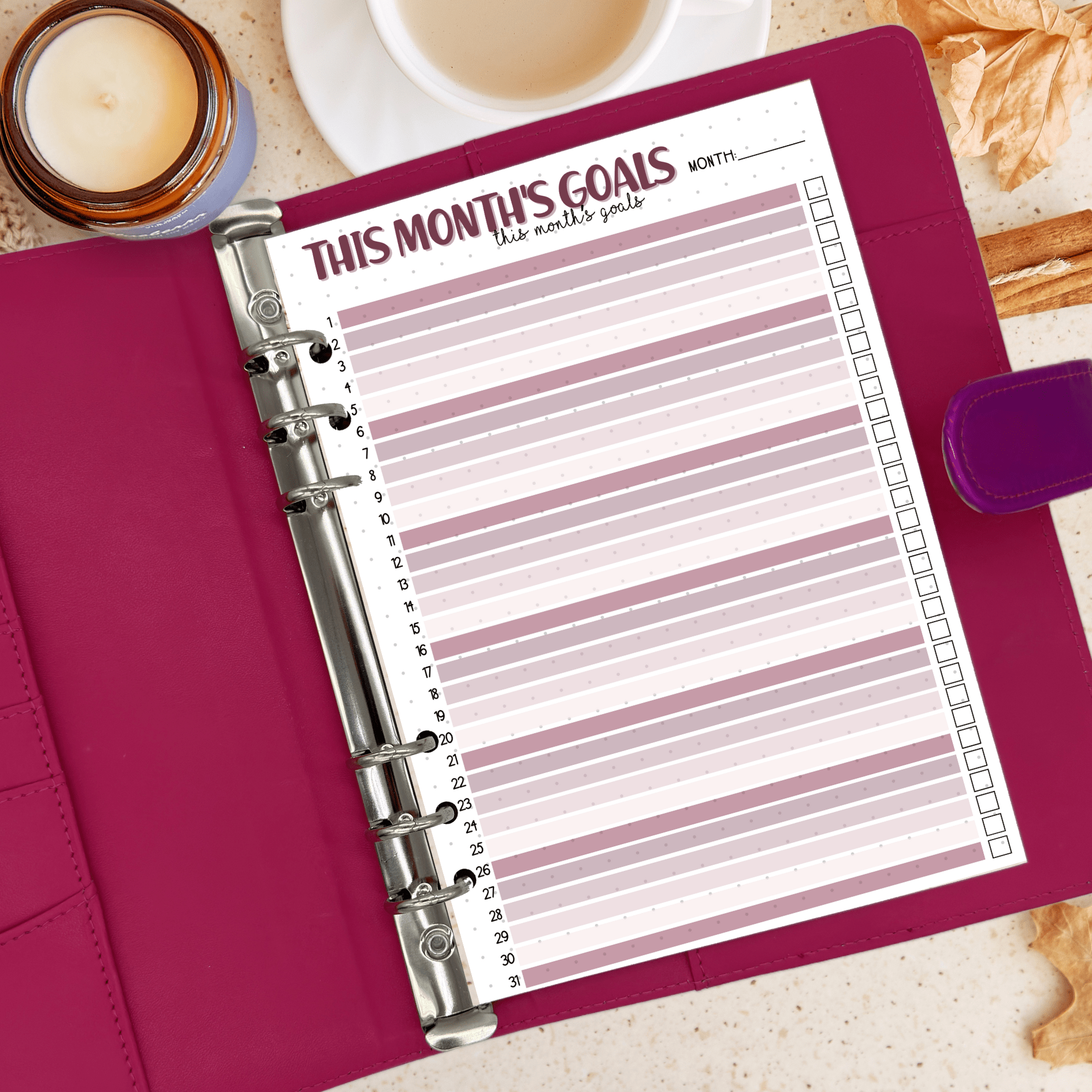 Monthly goals insert for A5 planners with space for actions and wins.