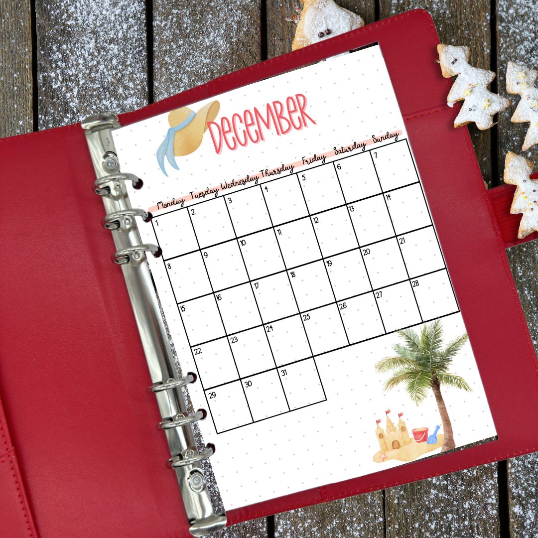 Monthly planner insert with beach hat illustration