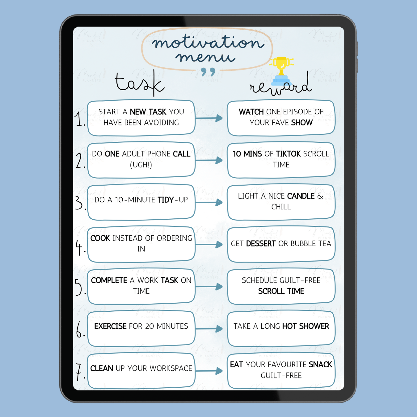 Motivation menu on a tablet screen with tasks and rewards on a blue background