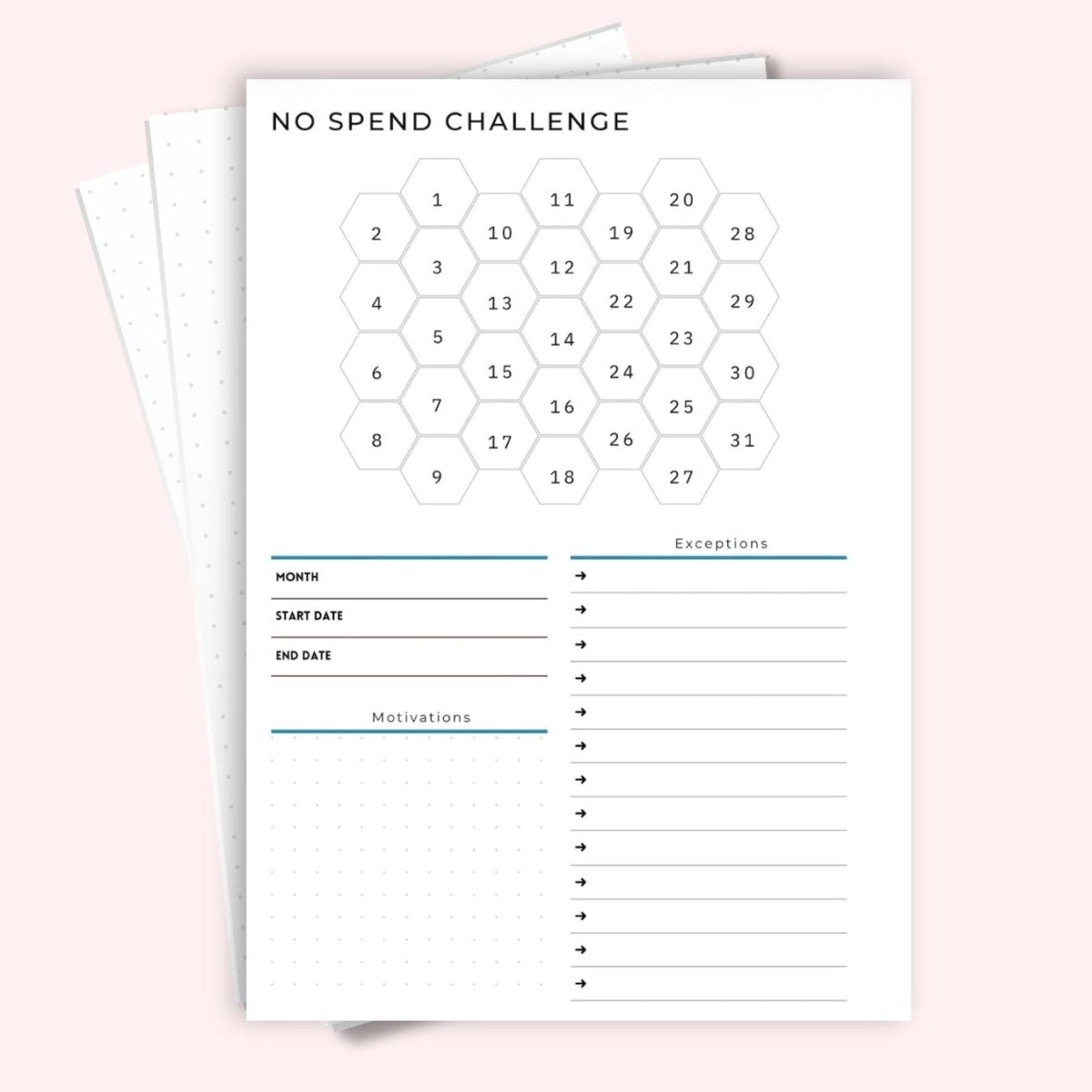 No spend challenge A5 savings tracker page — 30-day grid to
track spending-free days