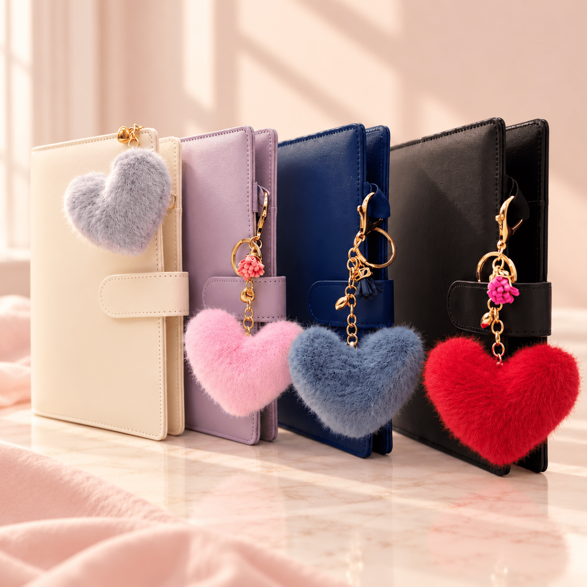 Fluffy Pom-Pom Heart Keychain with Tassel