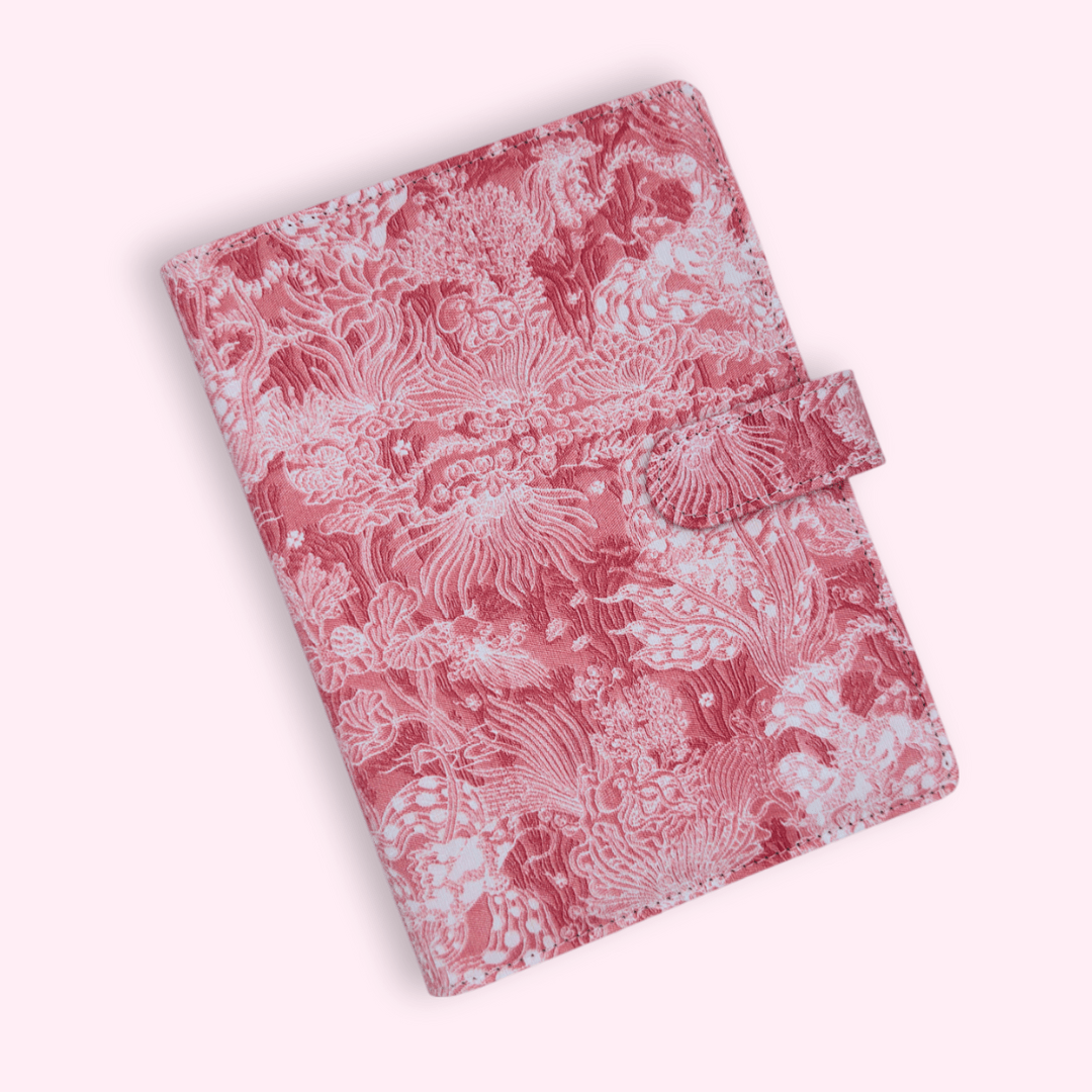 Pink Fabric A5 bullet journal cover with lace detail and yellow PU leather interior