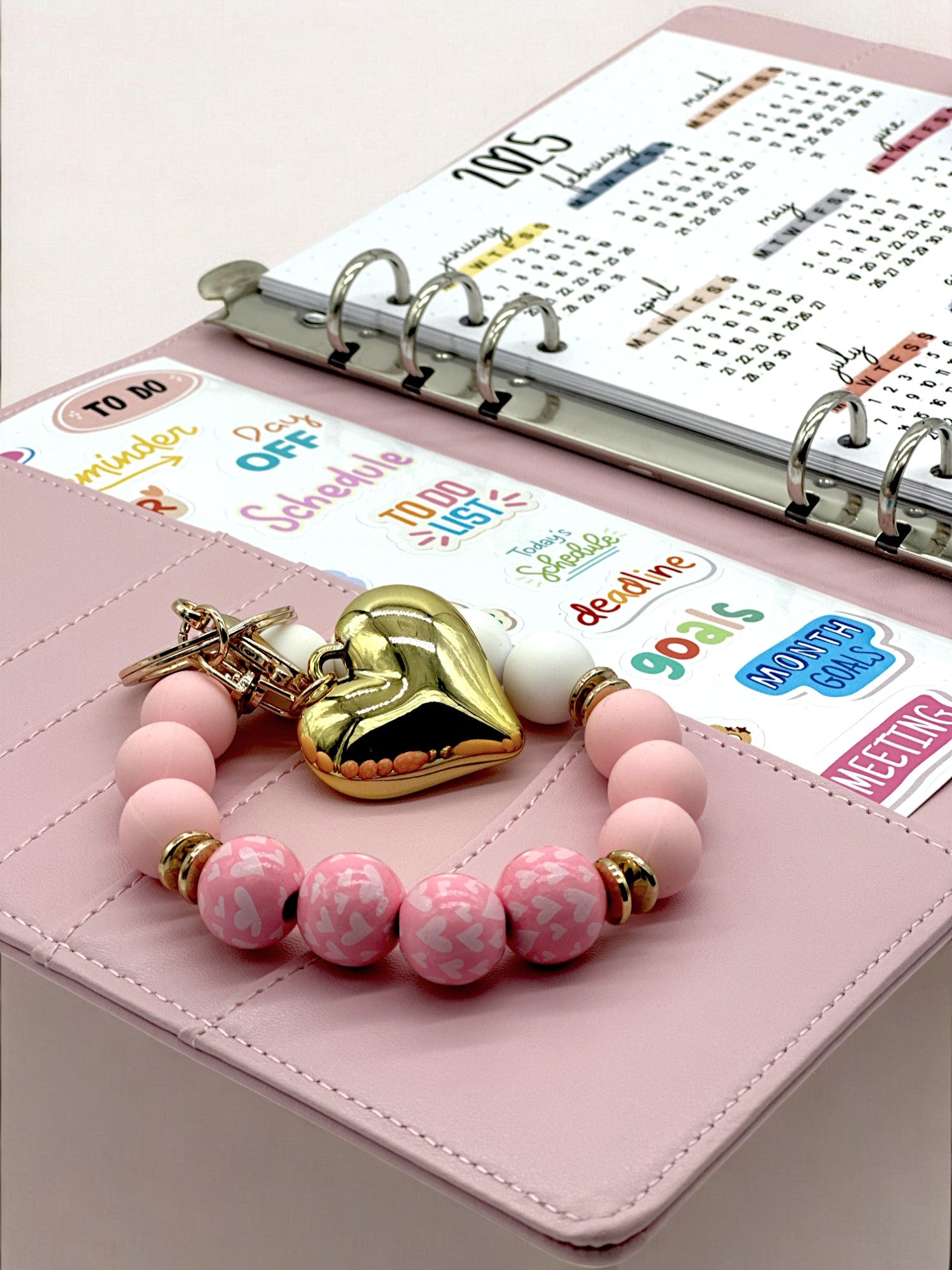 Pink Stretchy keyring bracelet with gold clasp