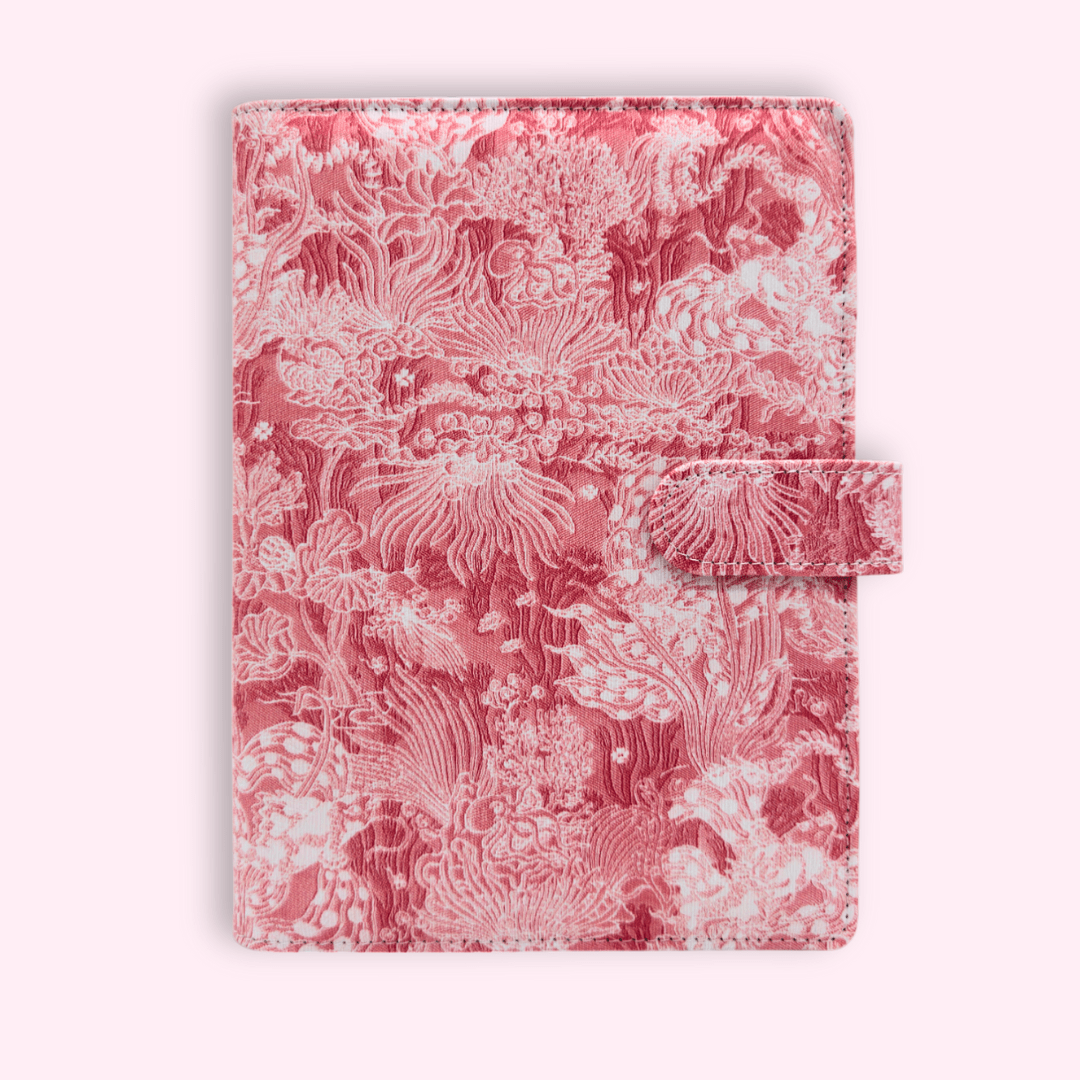 Pink fabric Cottagecore style planner cover with 6-ring binding and vintage charm