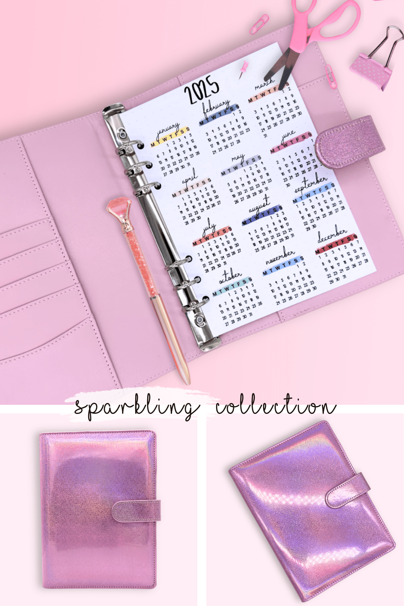 Pink glitter A5 journal cover with storage pockets, pen loops and shiny exterior