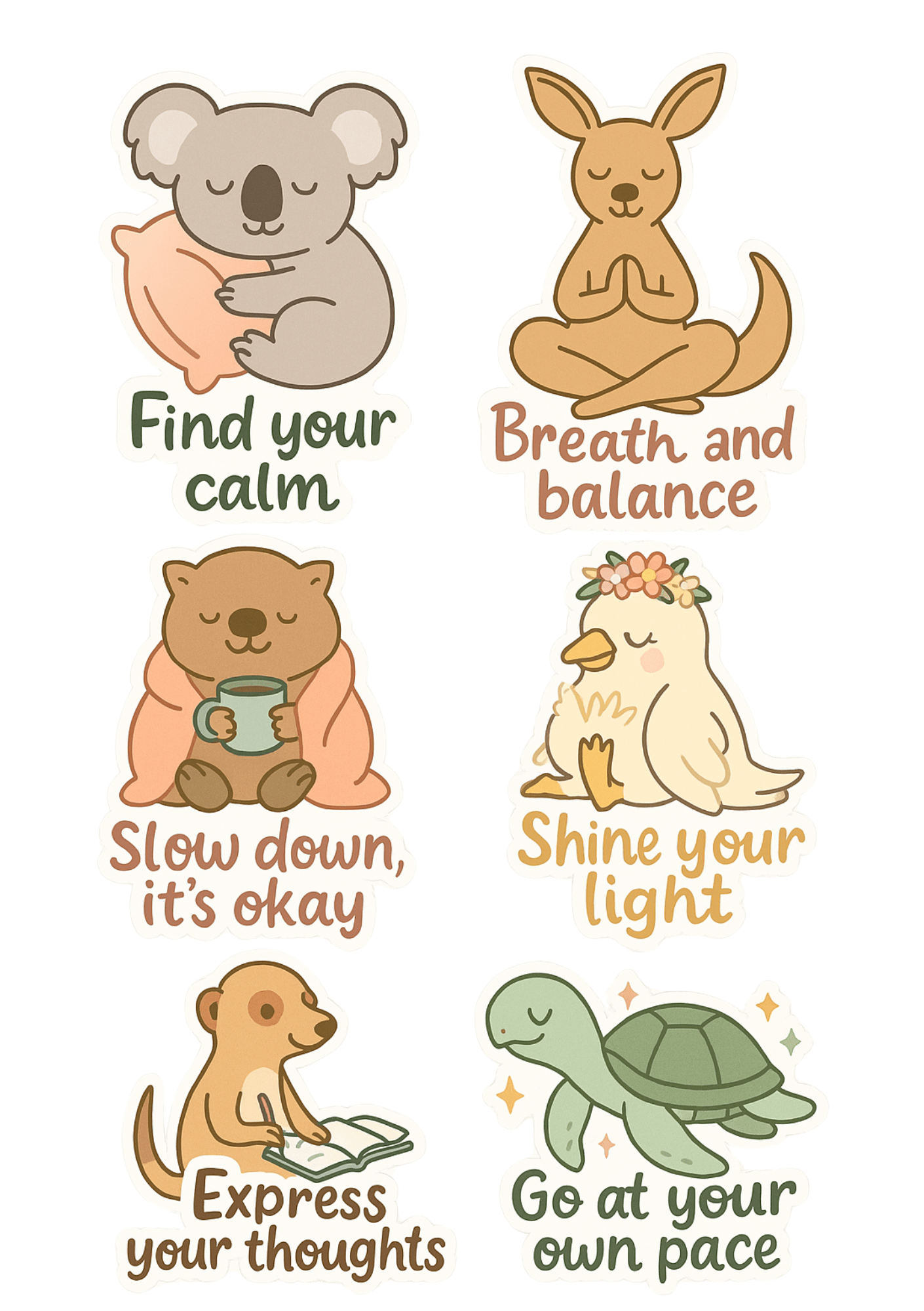 Planner stickers featuring kangaroos, koalas, and meerkats with motivational reminders