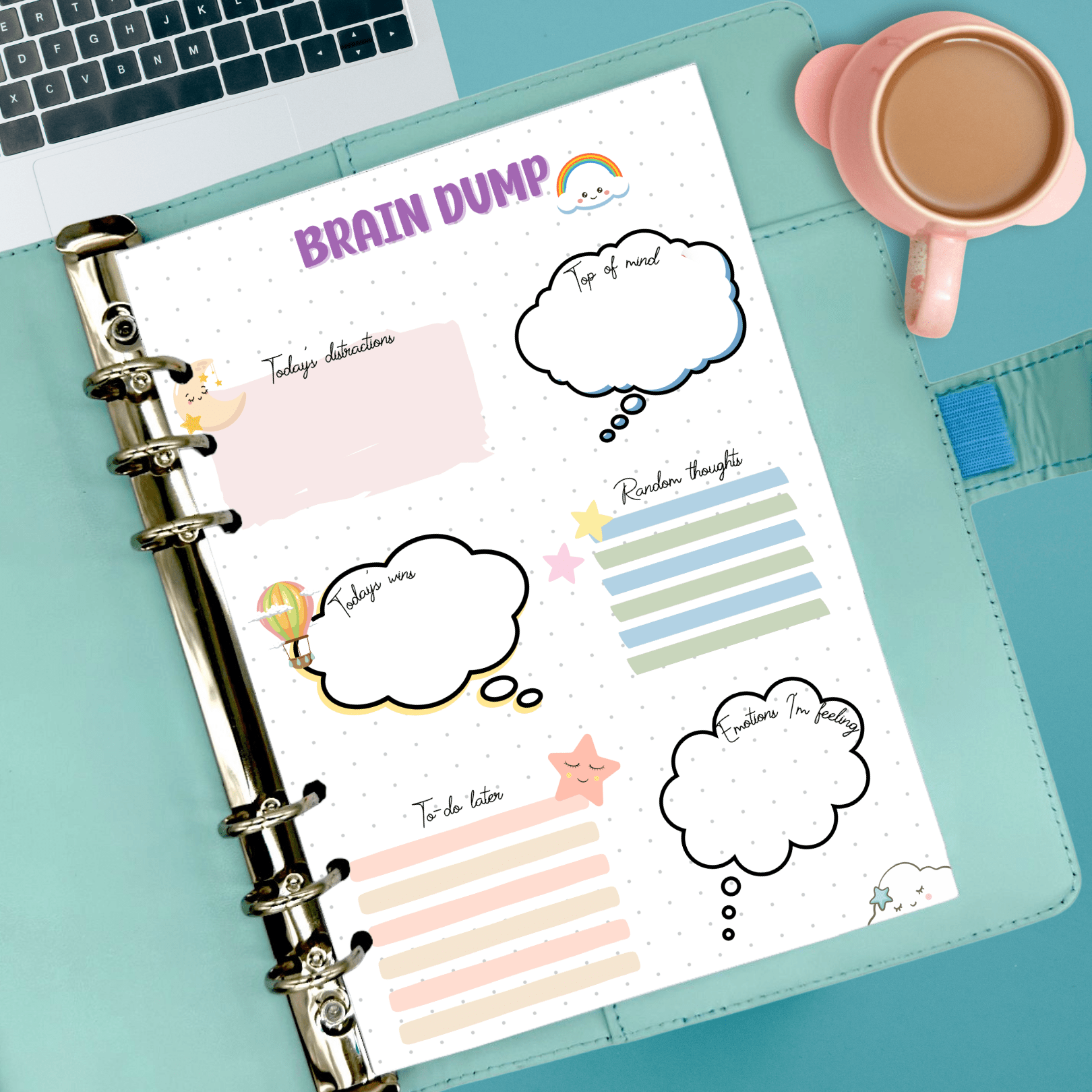 Printable A5 brain dump page with sections for thoughts and ideas.