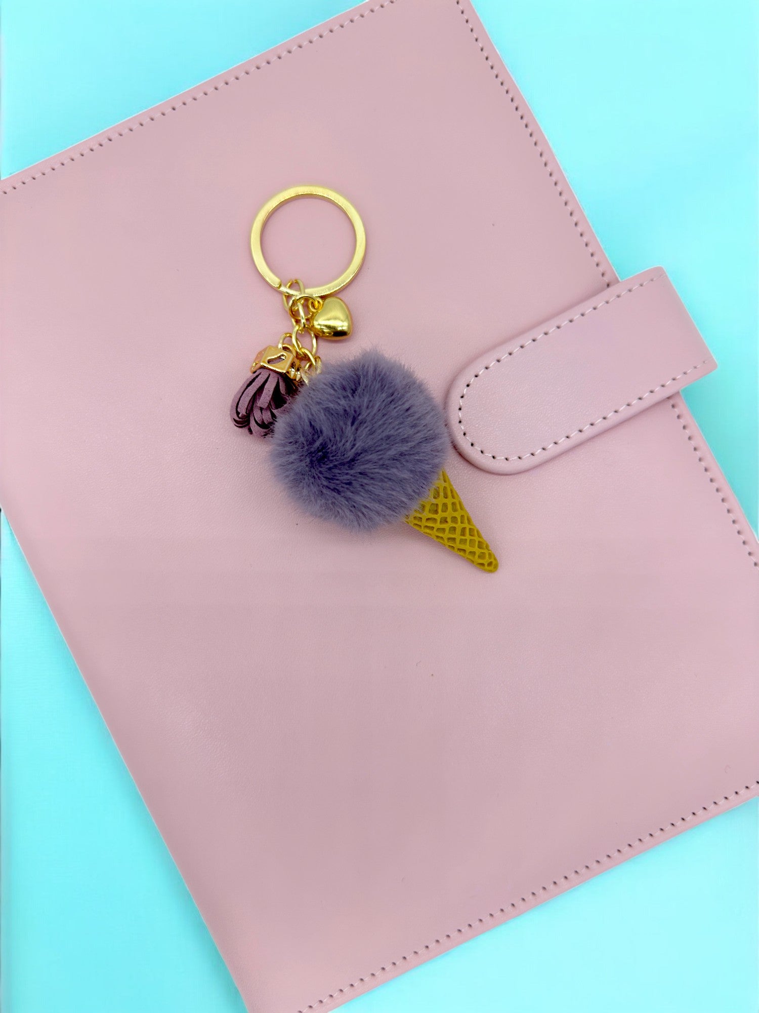 Purple Fluffy ice cream cone keychain for your journal and keys