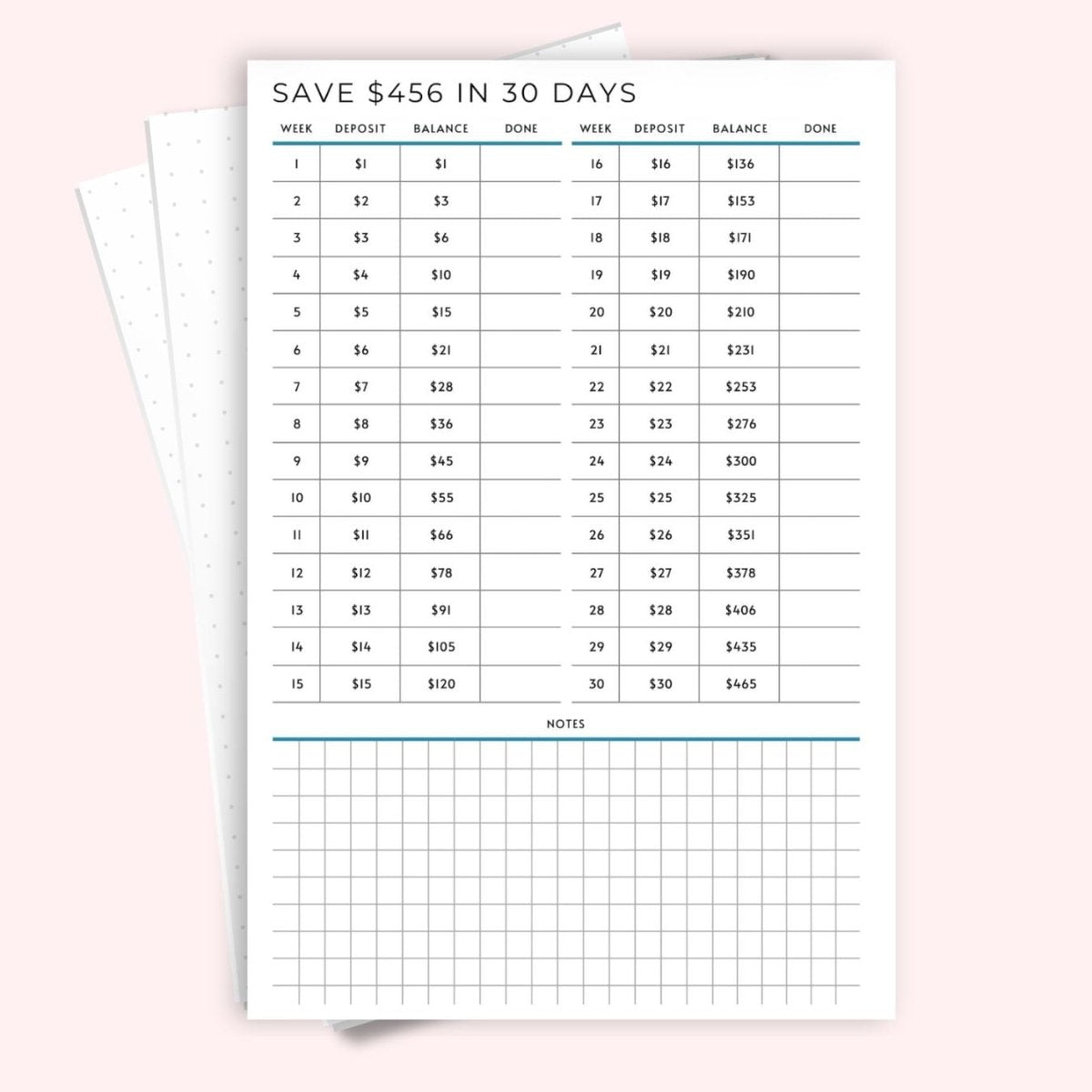 Save $456 in 30 days A5 savings challenge page — daily
incremental savings tracker Australia