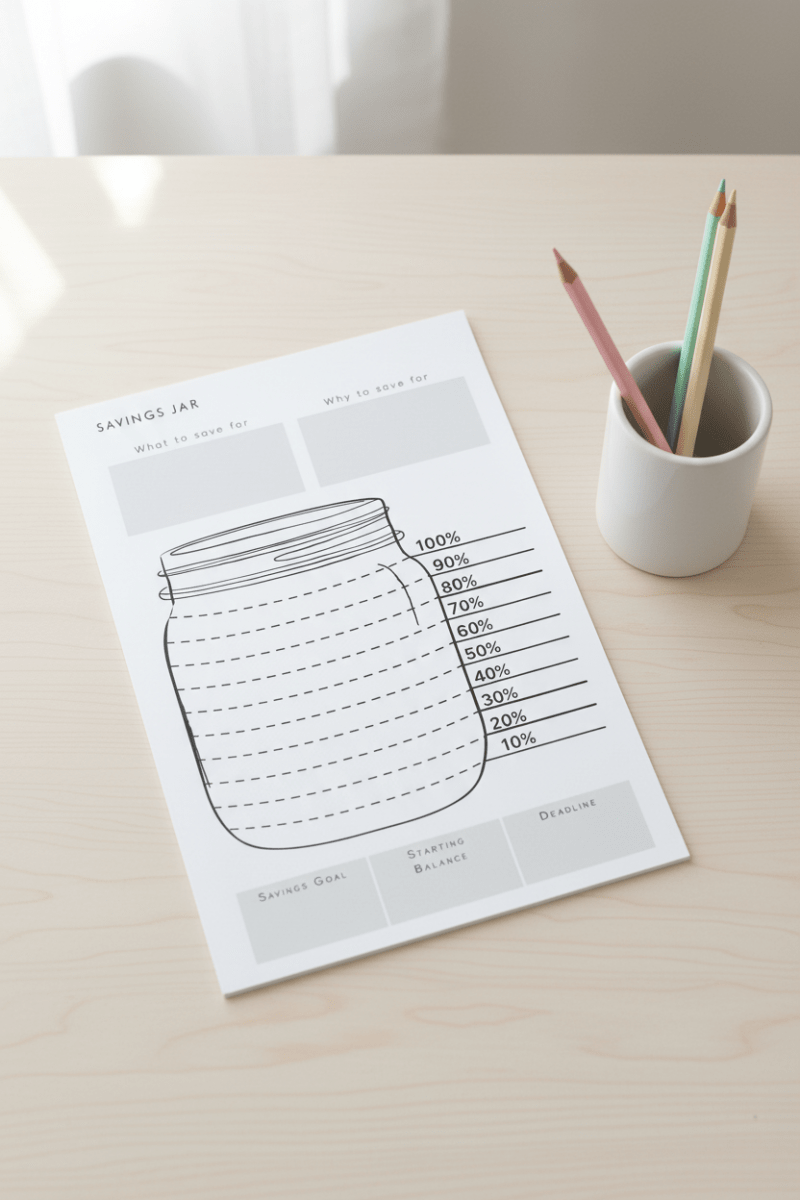 Savings Jar A5 budget journal
pages open on wooden desk