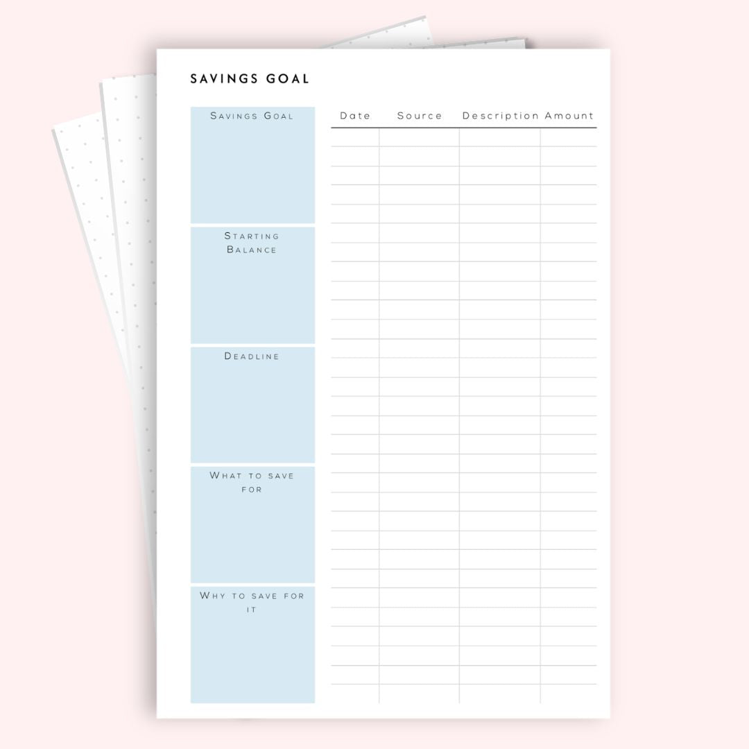 Savings goal A5 budget journal page on pink — structured savings
target with milestone tracking