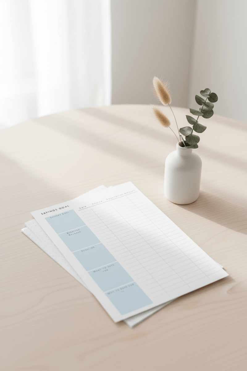 Savings goal A5 journal page on floral flat lay — budget
planner A5 bundle by Mindful Planners