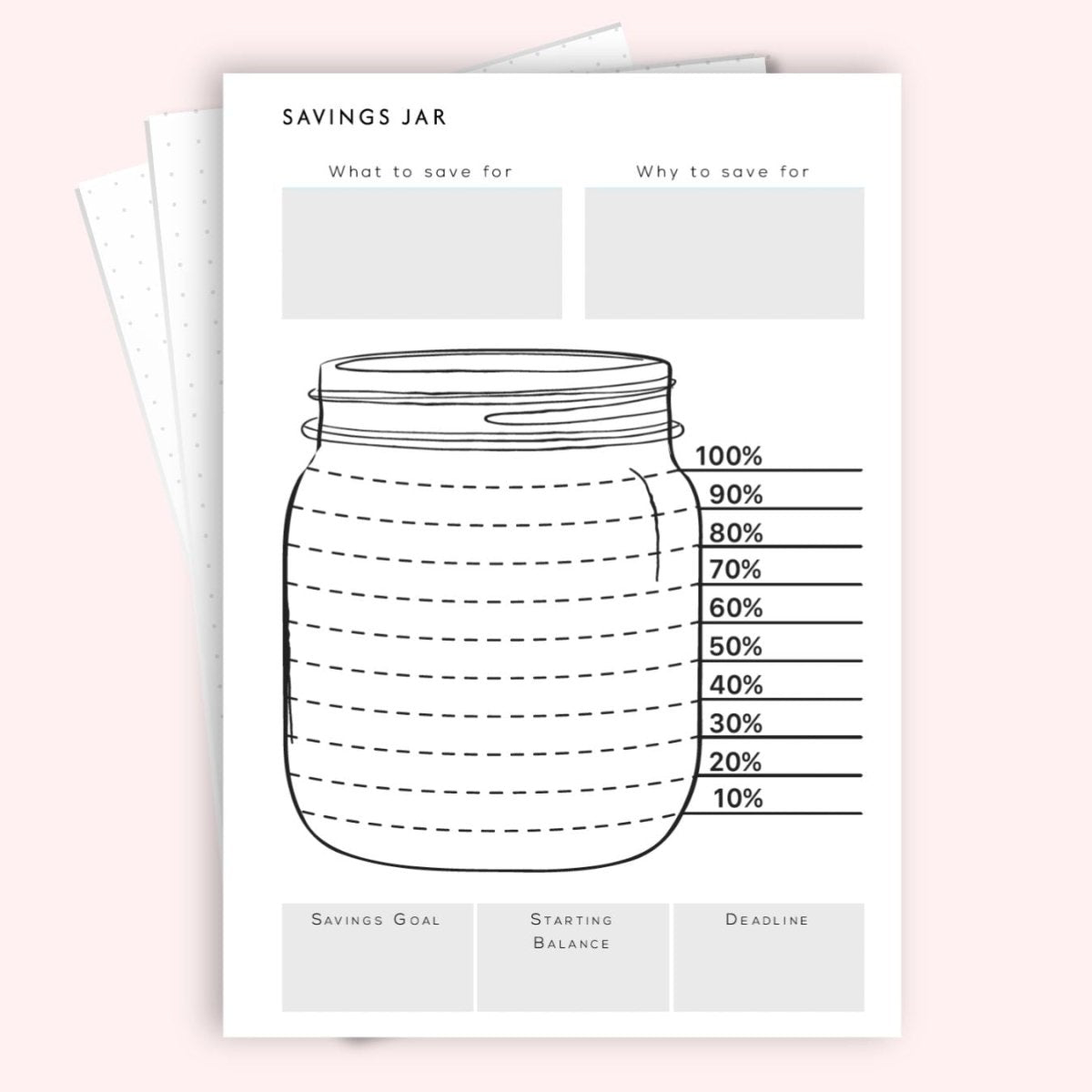 Savings jar A5 goal tracker page on pink — visual fill guide
with savings goal and deadline fields