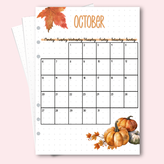 Seasonal October planner insert for wellness planners with autumn accents.