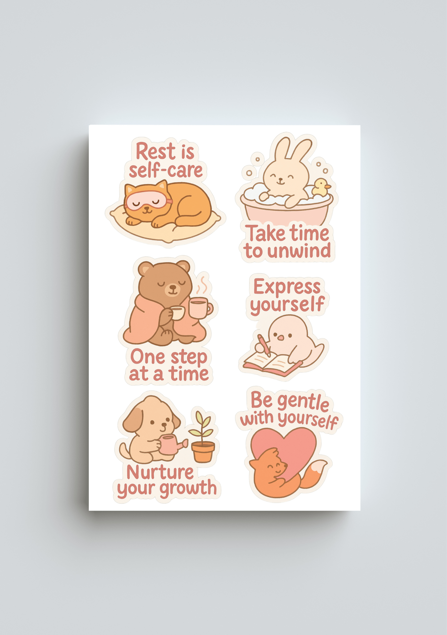 Self-care journaling stickers with relaxing animal illustrations and motivational quotes