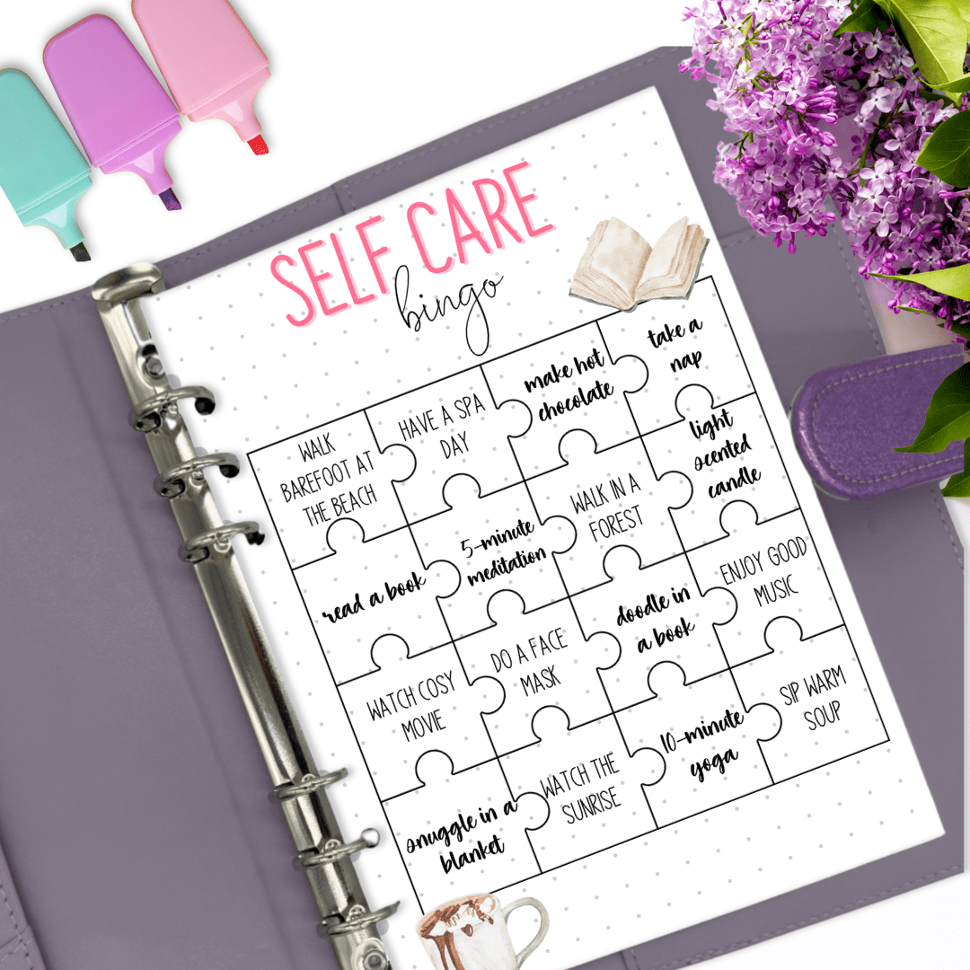 Self care bingo page in a purple bullet journal