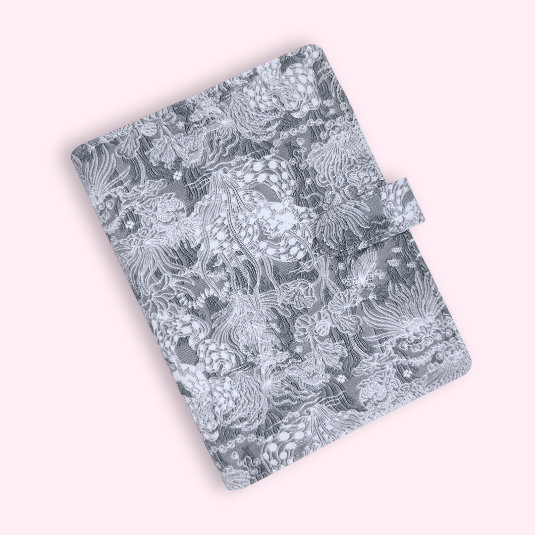 Silver fabric A5 planner cover with card slots, lace fabric and magnetic closure