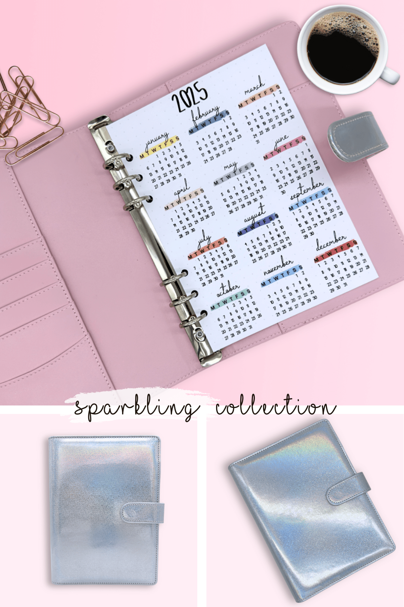 Silver glitter A5 journal cover with storage pockets, pen loops and shiny exterior