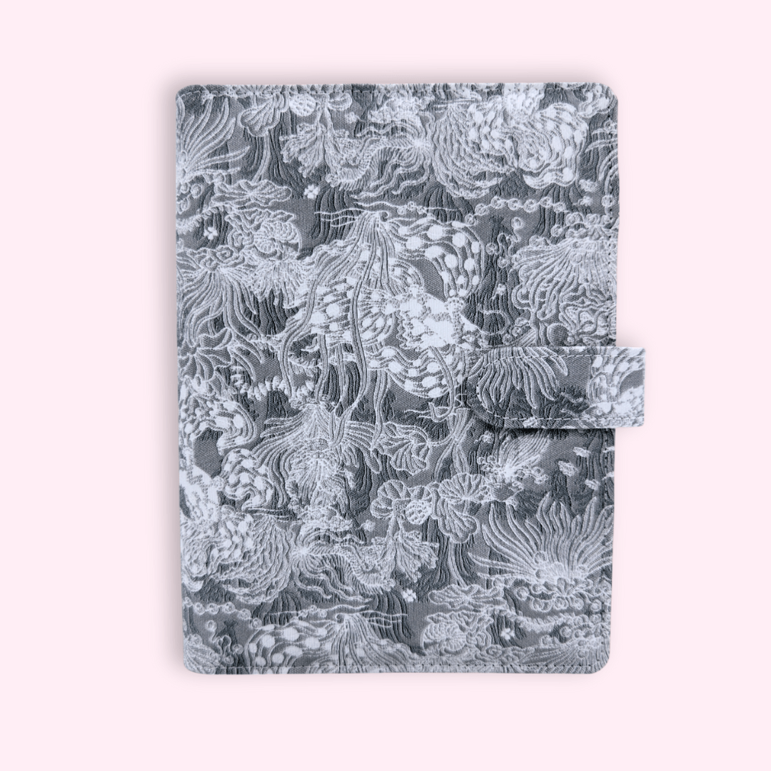 Silver lace fabric A5 planner cover with card slots, lace fabric and magnetic closure