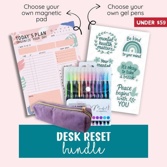 Desk reset bundle with planner, gel pens, and magnetic pad on a pink background