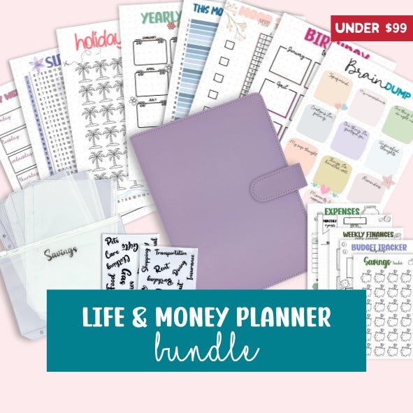 Life and money planner bundle with various sheets and a purple cover on a pink background.