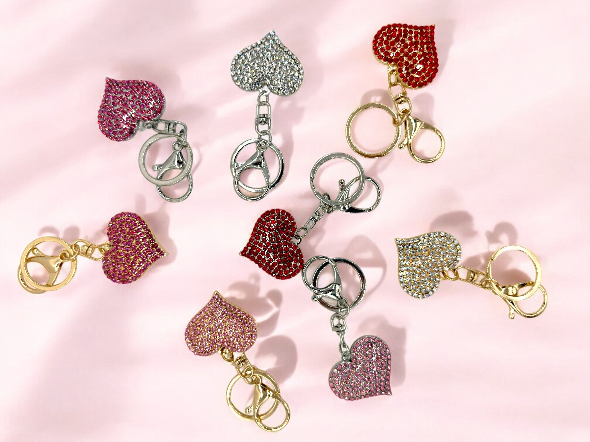 Sparkly rhinestone heart keychain gold and silver